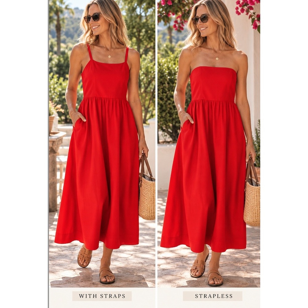 J.Crew Red Dress Two Ways Red Cotton Midi Length Pockets Size XXL Beach Vacation